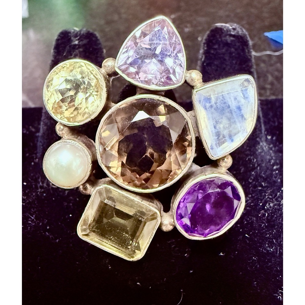 925 Sterling Silver Multi Gemstone Cluster Ring Amethyst Moonstone Sz 5.5 .87 Oz